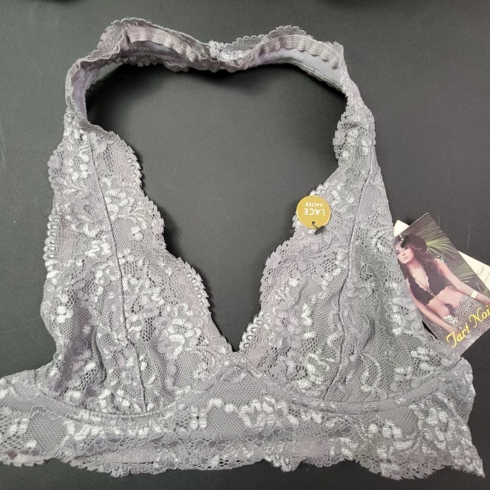 Tart Noir Floral Lace Mesh Scalloped Halter Bralette Grey Small